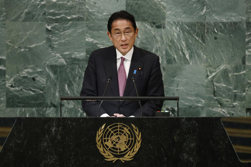 Prime Minister of Japan Fumio Kishida addresses the 77th session of the United Nations General Assembly, at U.N. headquarters, Tuesday, Sept. 20, 2022. Kishida and South Korean President Yoon Suk Yeol agreed to accelerate efforts to mend ties frayed over Japan’s past colonial rule of the Korean Peninsula as they held their countries' first summit talks in nearly three years on the sidelines of the U.N. General Assembly in New York, Seoul officials said Thursday, Sept. 21, 2022 .(AP Photo/Jason DeCrow, File)