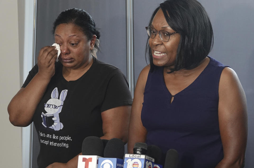 FILE - Anne Ramsay speaks after the jury recommends life in prison for Marjory Stoneman Douglas High School shooter Nikolas Cruz at the Broward County Courthouse in Fort Lauderdale, Fla. on Thursday, Oct. 13, 2022, accompanied by Helena's cousin, Michelle Thomas. Ramsay's daughter, Helena, was killed in the 2018 shootings. (Joe Cavaretta/South Florida Sun Sentinel via AP, Pool, File)