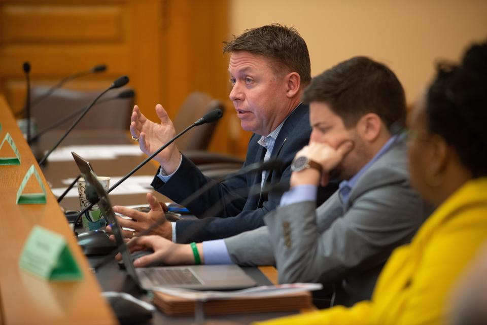 Rep. Jeff Pittman, D-Leavenworth, asks a question during Tuesday's KDOL audit committee meeting at the Statehouse.