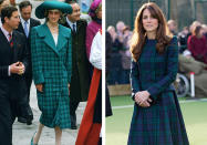 <p>Man hätte wohl kaum gedacht, dass dieses Schottenmuster-Outfit die 80er überleben würde. Aber auch das hat Kate 2012 imitiert – wenn auch der heutigen Zeit angepasst. (Bilder: Getty) </p>