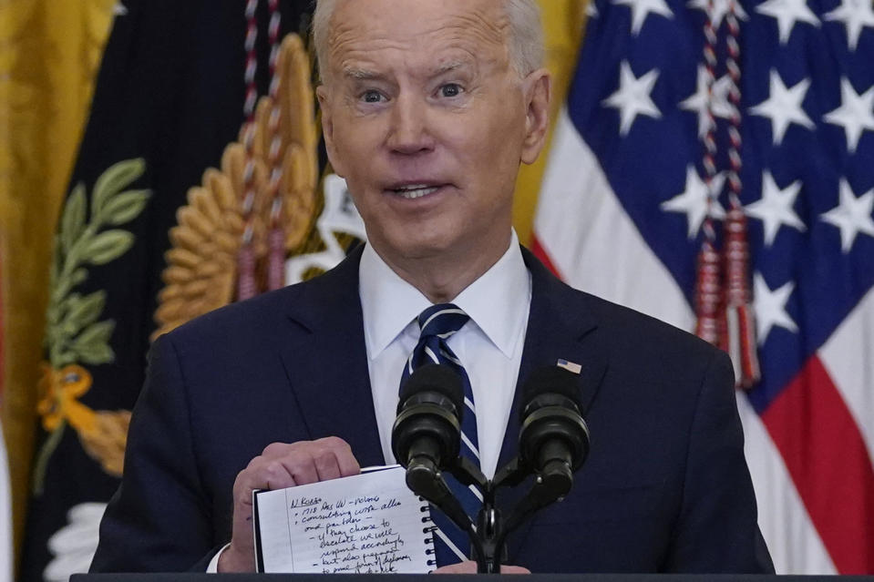 President Joe Biden speaks during a news conference in the East Room of the White House, Thursday, March 25, 2021, in Washington. (AP Photo/Evan Vucci)