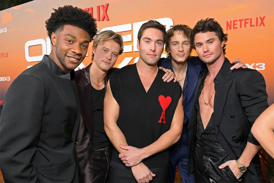 Jonathan Daviss, Rudy Pankow, Austin North, Drew Starkey and Chase Stokes attend the Netflix Premiere of Outer Banks Season 3 at Regency Village Theatre on February 16, 2023 in Los Angeles, California.