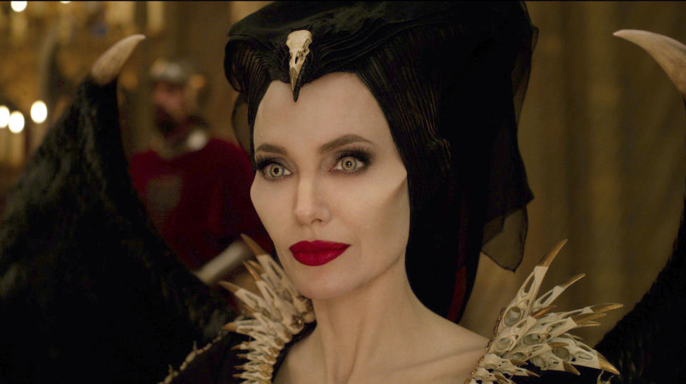 This image released by Disney shows Angelina Jolie in a scene from "Maleficent: Mistress of Evil," in theaters on Oct. 18. (Disney via AP)