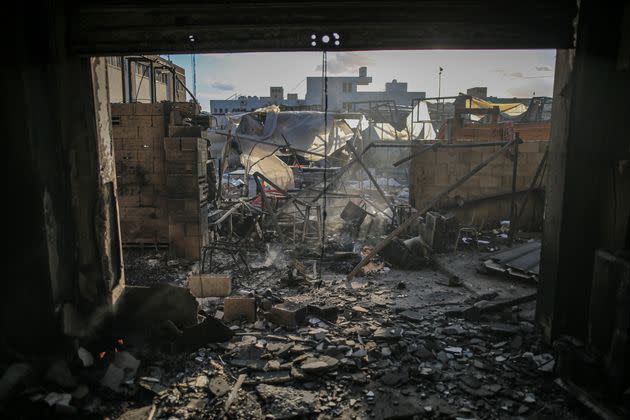 KHAN YUNIS, GAZA - JANUARY 26: A view of the damaged UN Relief and Works Agency for Palestine Refugees (UNRWA) headquarters building after Israeli tanks fire in Khan Yunis, Gaza on January 26, 2024. As a result of the Israeli army's tank fire, the building and its surroundings were severely damaged. (Photo by Jehad Alshrafi/Anadolu via Getty Images)