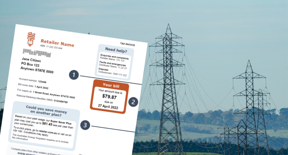 Electricity bill and power lines.