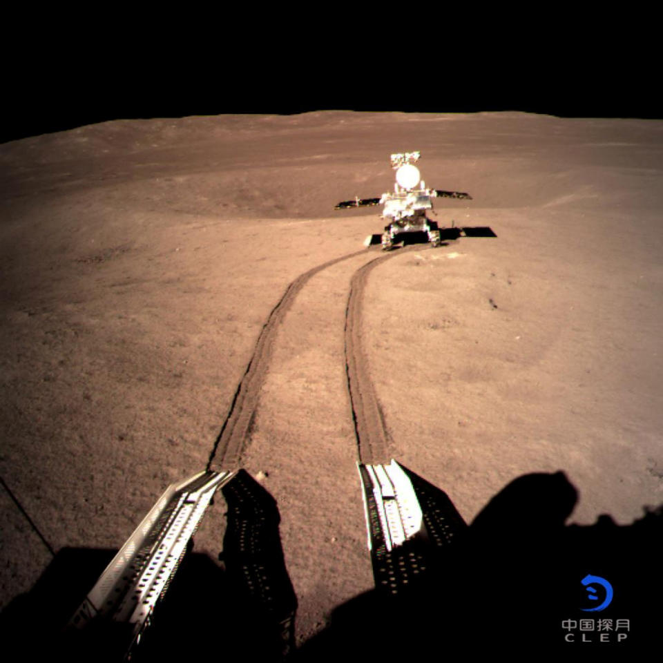 China's lunar rover Yutu-2, or Jade Rabbit 2 rolling onto the far side of the moon taken by the Chang'e-4 lunar probe is seen in this image provided by China National Space Administration January 4, 2019. Picture taken January 4, 2019. China National Space Administration/CNS via REUTERS  ATTENTION EDITORS - THIS IMAGE WAS PROVIDED BY A THIRD PARTY. CHINA OUT. BEST QUALITY AVAILABLE.