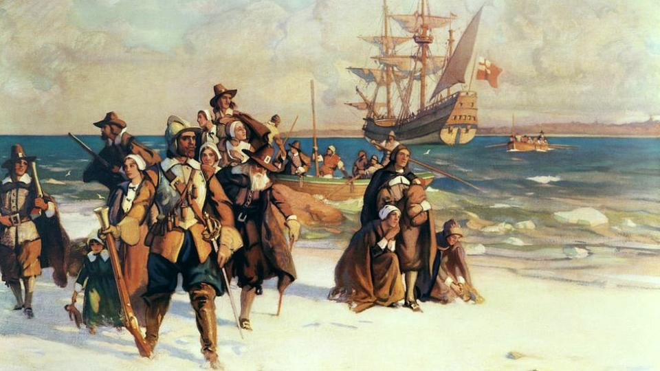 Los Padres Peregrinos llegando a Plymouth, Massachusetts a bordo del Mayflower, noviembre de 1620. Pintura de W.J. Aylward