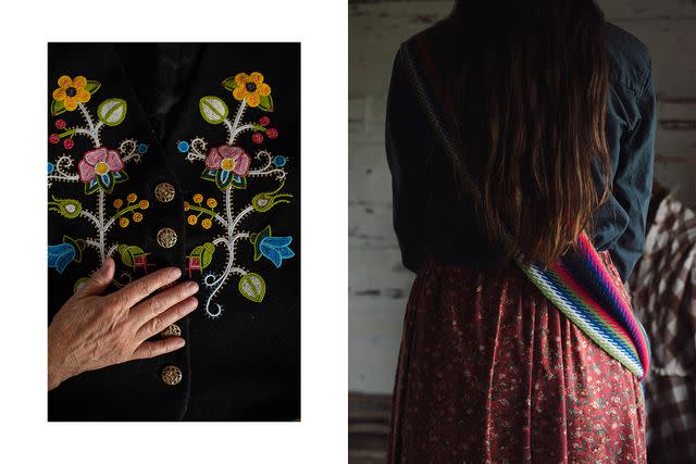 <p>Amber Bracken</p> From left: A sample of traditional Métis tufting and embroidery, which travelers can try in a variety of workshops offered on the property; Breena Johnson, who organizes cultural experiences for the park, wears a handwoven Métis sash.