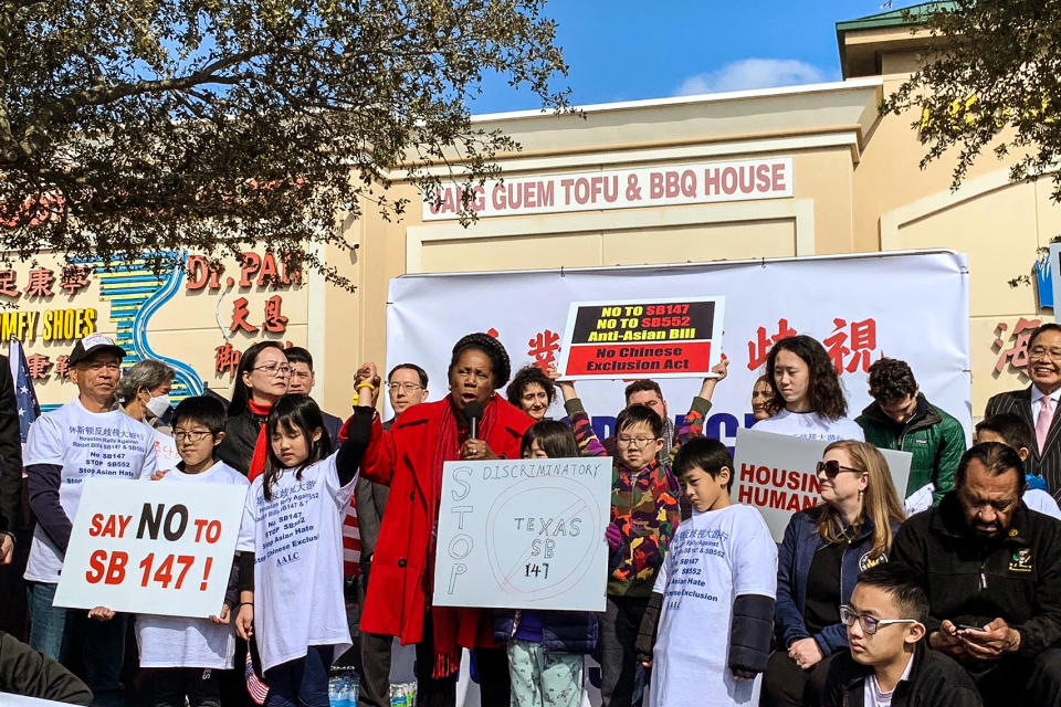 Protesters in Houston, Texas organize on Feb. 11, 2023 against proposed state Senate Bill 147, which would restrict citizens of China and three other countries from buying property in the state. (Asian American Leadership Council)