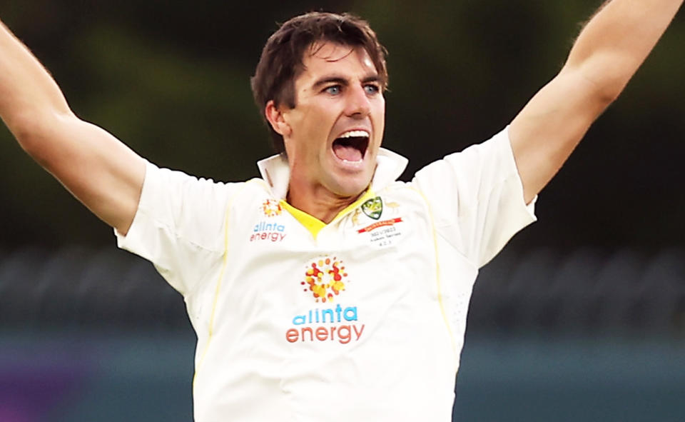 Pat Cummins, pictured here in action for Australia with the Alinta Energy logo on his shirt.