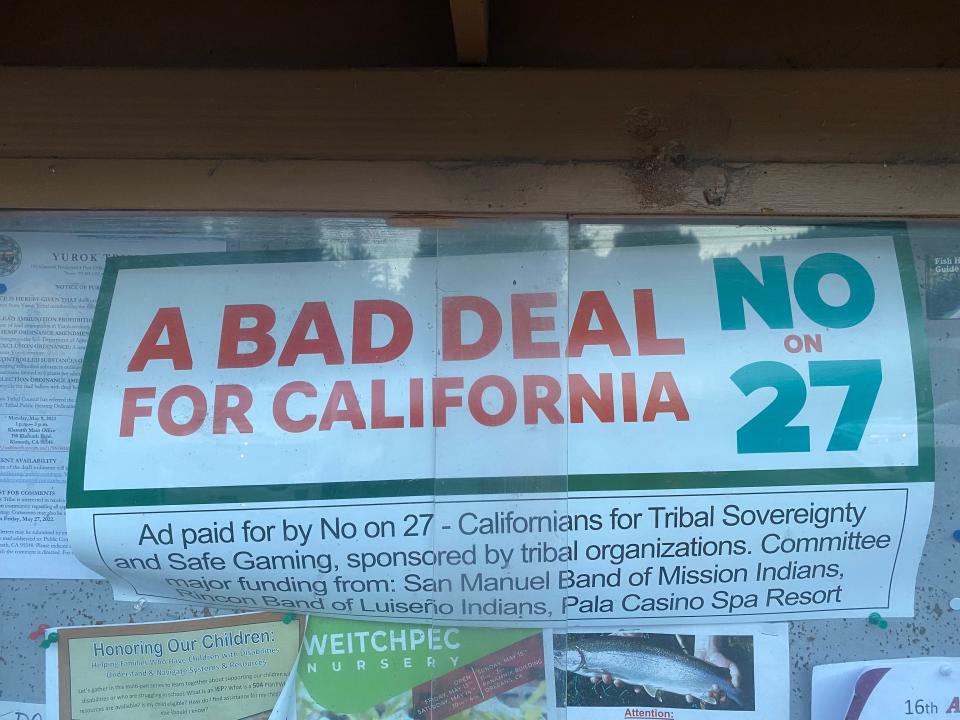 A "No on 27" sign on display at the Yurok Tribe's gas station in Weitchpec. The 6,300-member tribe's lands straddle the lower Klamath River in Humboldt County, California.