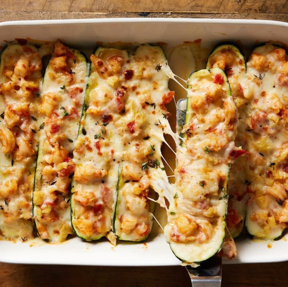 <p>When you're <a href="https://www.delish.com/uk/pasta-recipes/" rel="nofollow noopener" target="_blank" data-ylk="slk:craving pasta" class="link ">craving pasta</a>, these courgette boats are a great option. The easy prawn filling tastes insane. It's so good, it haunts our dreams. </p><p>Get the <a href="https://www.delish.com/uk/cooking/recipes/a35159218/garlicky-shrimp-zucchini-boats-recipe/" rel="nofollow noopener" target="_blank" data-ylk="slk:Garlicky Prawn Courgette Boats" class="link ">Garlicky Prawn Courgette Boats</a> recipe.</p>