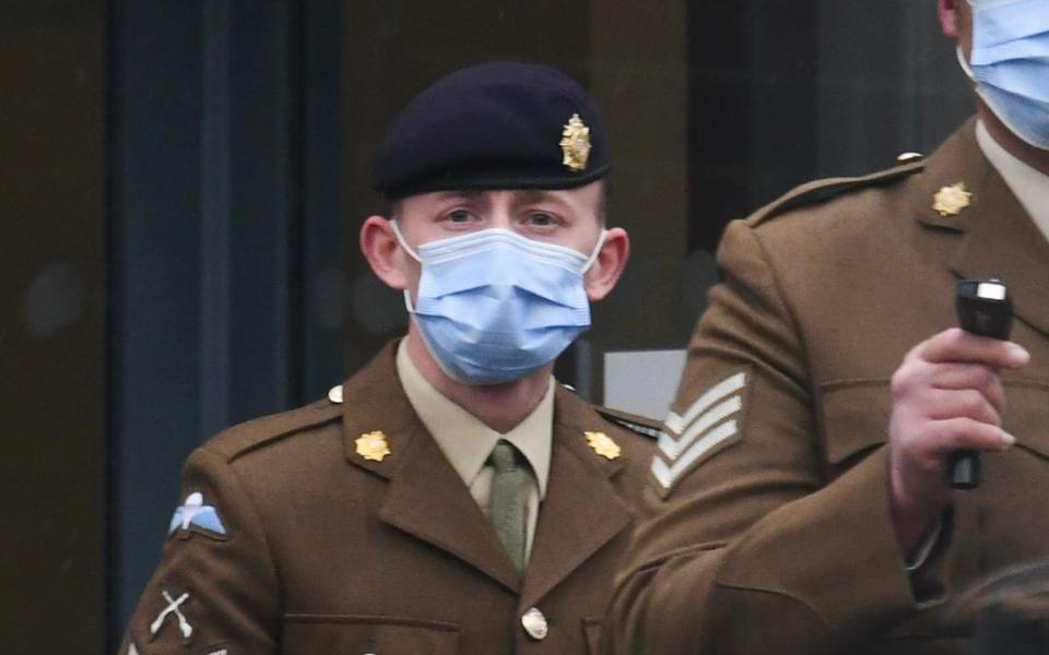 Corporal Daniel Conway at Bulford Military Court. A British Army corporal who raped a colleague after celebrating her promotion and then telling her "trust me you're fine, I was wearing a condom" - Solent News