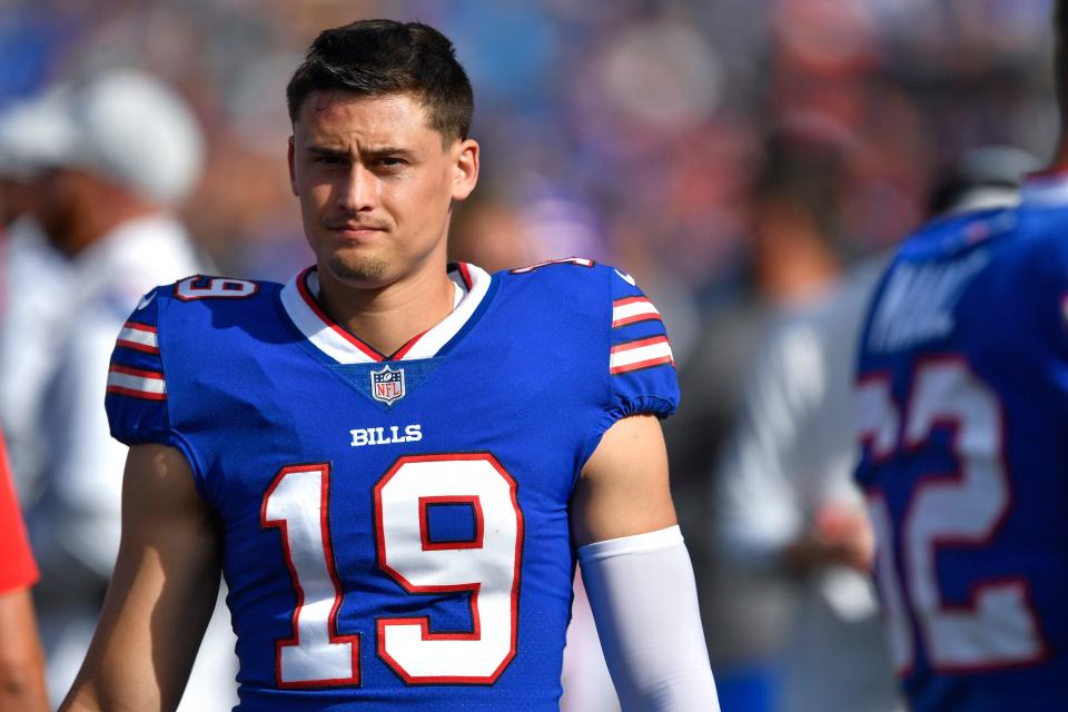 Buffalo Bills punter Matt Araiza walks on the sideline during the first half of a preseason NFL football game against the Indianapolis Colts in Orchard Park, N.Y., Saturday, Aug. 13, 2022.