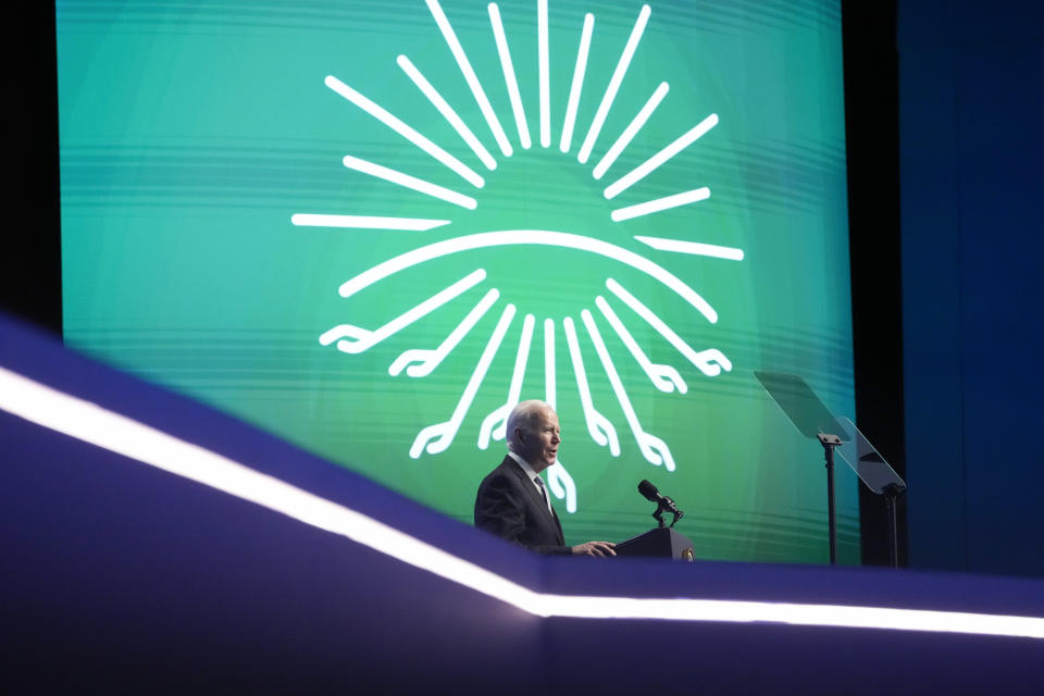 President Joe Biden speaks at the COP27 U.N. Climate Summit, Friday, Nov. 11, 2022, at Sharm el-Sheikh, Egypt. (AP Photo/Alex Brandon)