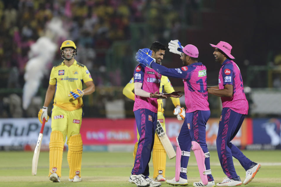 Rajasthan Royals players celebrate after winning the Indian Premier League cricket match against Chennai Super Kings in Jaipur, India, Thursday, April 27, 2023. (AP Photo/Surjeet Yadav)
