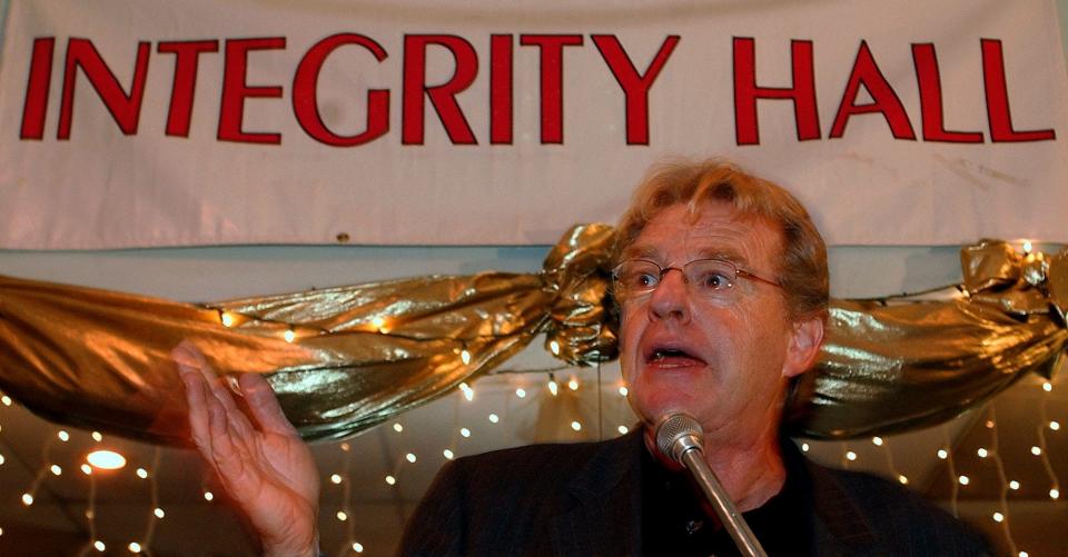 Talk show host, former politician and contributor to many Democrat campaigns Jerry Springer speaks at a Get Out the Vote rally at Integrity Hall.