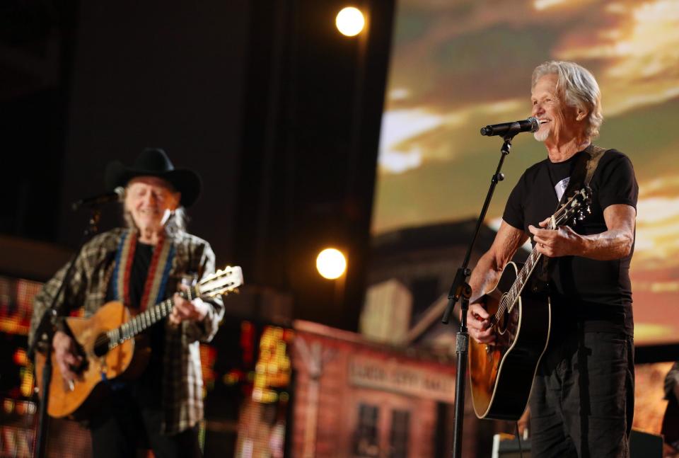 Kris Kristofferson, right, and Willie Nelson perform during rehearsals for the 56th Annual Grammy Awards at The Staples Center, on Friday, Jan. 24, 2014, in Los Angeles. The Grammy Awards will take place at the Staples Center on Sunday, Jan. 26, 2014, in Los Angeles. (Photo by Matt Sayles/Invision/AP)
