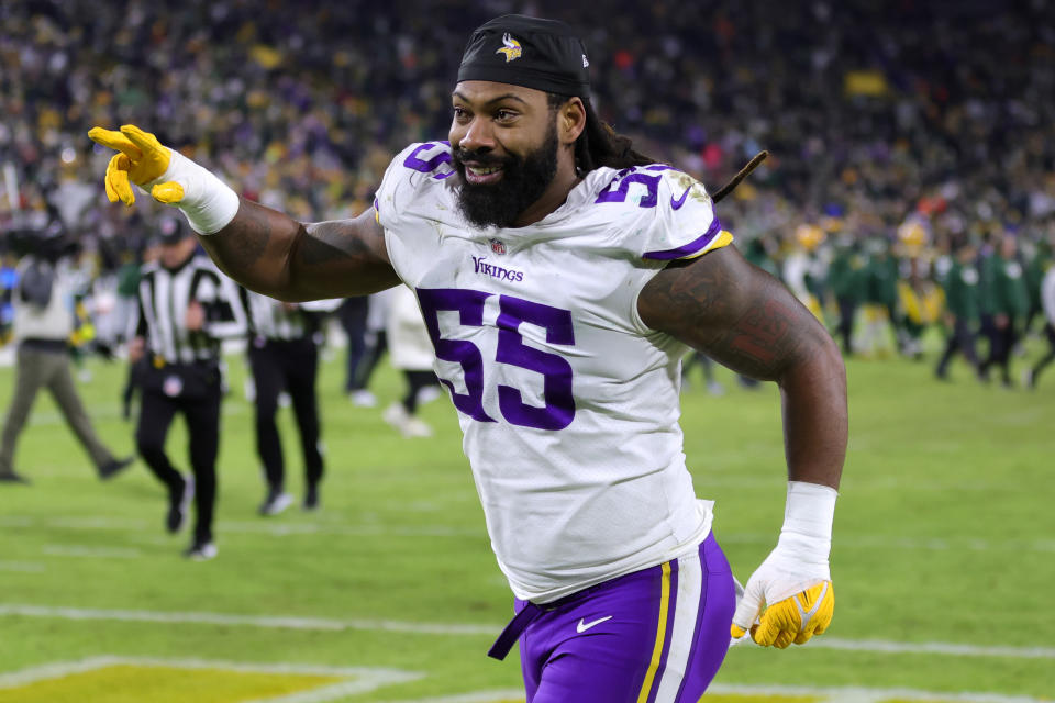 GREEN BAY, WISCONSIN - JANUARY 01: Za'Darius Smith #55 of the Minnesota Vikings leaves the field after the game against the Green Bay Packers at Lambeau Field on January 01, 2023 in Green Bay, Wisconsin. (Photo by Stacy Revere/Getty Images)