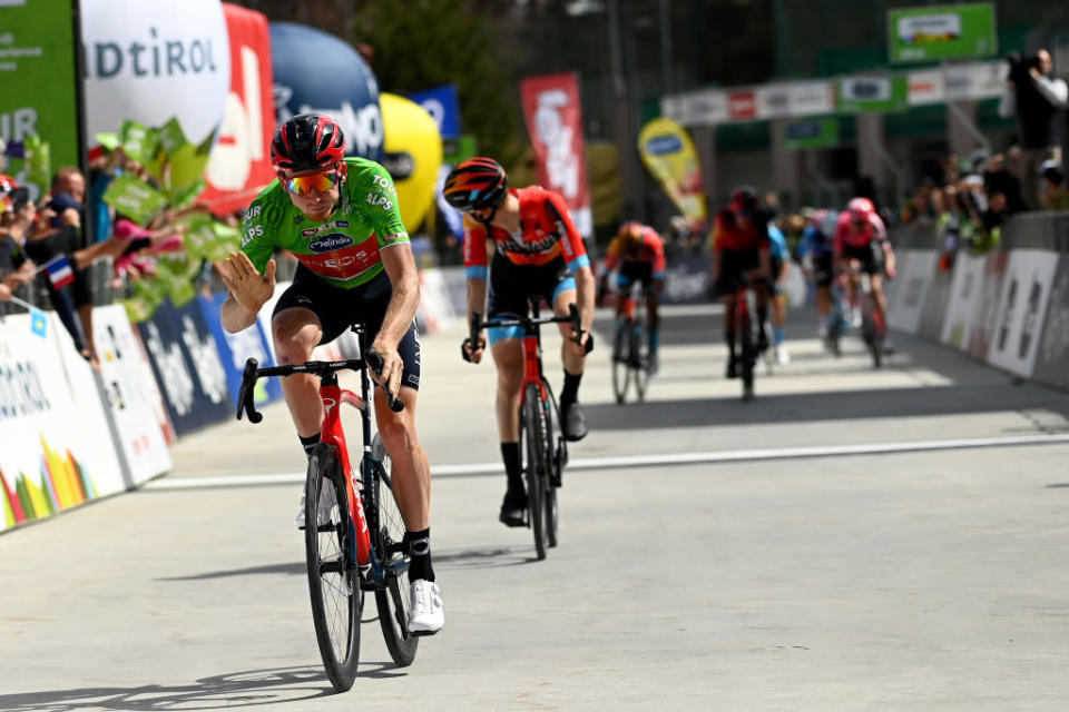 RITTEN ITALY  APRIL 18 Tao Geoghegan Hart of United Kingdom and Team INEOS Grenadiers  Green leader jersey celebrates at finish line as stage winner during the 46th Tour of the Alps 2023  Stage 2 a 1652km stage from Reith im Alpbachtal to Ritten 1174m on April 18 2023 in Reith im Alpbachtal Italy Photo by Tim de WaeleGetty Images