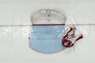 Washington Capitals goaltender Ilya Samsonov sits on the ice after Game 6 in the first round of the NHL Stanley Cup hockey playoffs against the Florida Panthers, Friday, May 13, 2022, in Washington. (AP Photo/Alex Brandon)