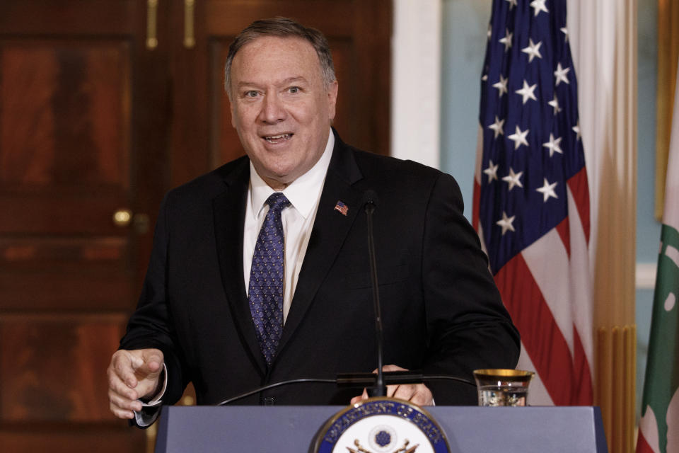 FILE - In this Thursday, Aug. 15, 2019 file photo, Secretary of State Mike Pompeo speaks to media during a news conference with Lebanese Prime Minister Saad Hariri at the State Department in Washington. Even though Pompeo has declared a Senate run to be "off the table" next year, many fellow Republicans in Washington and his home state of Kansas aren't buying it. (AP Photo/Carolyn Kaster, File)