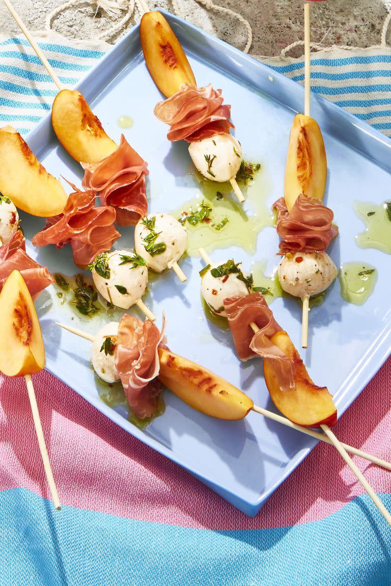 <p>Fresh nectarines make a bold statement when paired with bocconcini mozzarella and sliced prosciutto.</p><p><em><a href="https://www.goodhousekeeping.com/food-recipes/a21561815/peach-and-prosciutto-skewers-recipe/" rel="nofollow noopener" target="_blank" data-ylk="slk:Get the recipe for Peach and Prosciutto Skewers »;elm:context_link;itc:0;sec:content-canvas" class="link ">Get the recipe for Peach and Prosciutto Skewers »</a></em> </p>