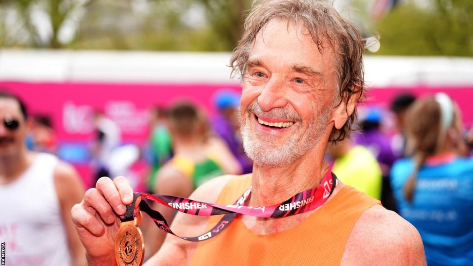 Sir Jim Ratcliffe with his medal after finishing the 2024 London Marathon