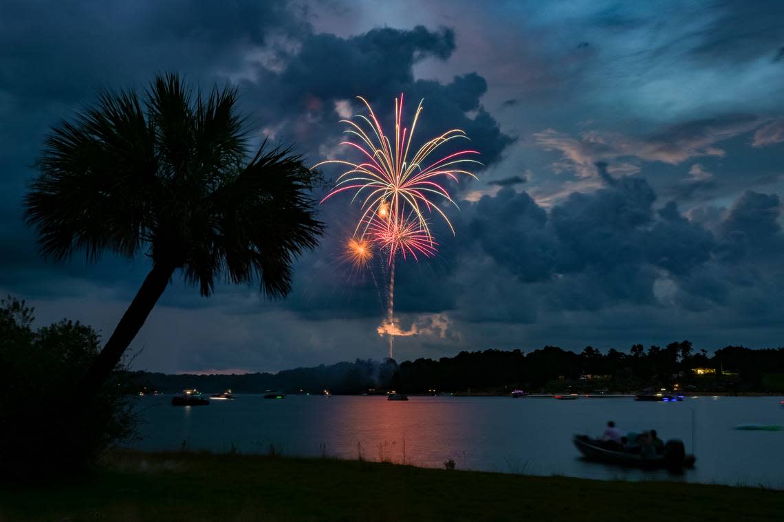 Fireworks light up the sky above Lake Tobesofkee during annual Sparks over the Park.