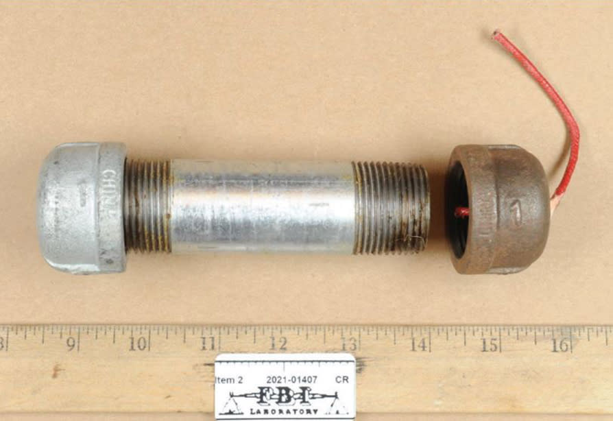 A partially assembled pipe bomb (FBI)