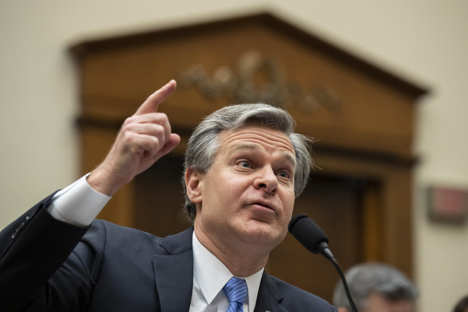 FILE - In this Feb. 5, 2020 file photo, FBI Director Christopher Wray testifies during an oversight hearing of the House Judiciary Committee, on Capitol Hill in Washington. Wray has ordered an internal review into possible misconduct in the investigation of former Trump administration national security adviser Michael Flynn. That's according to an FBI statement issued Friday. (AP Photo/Alex Brandon)