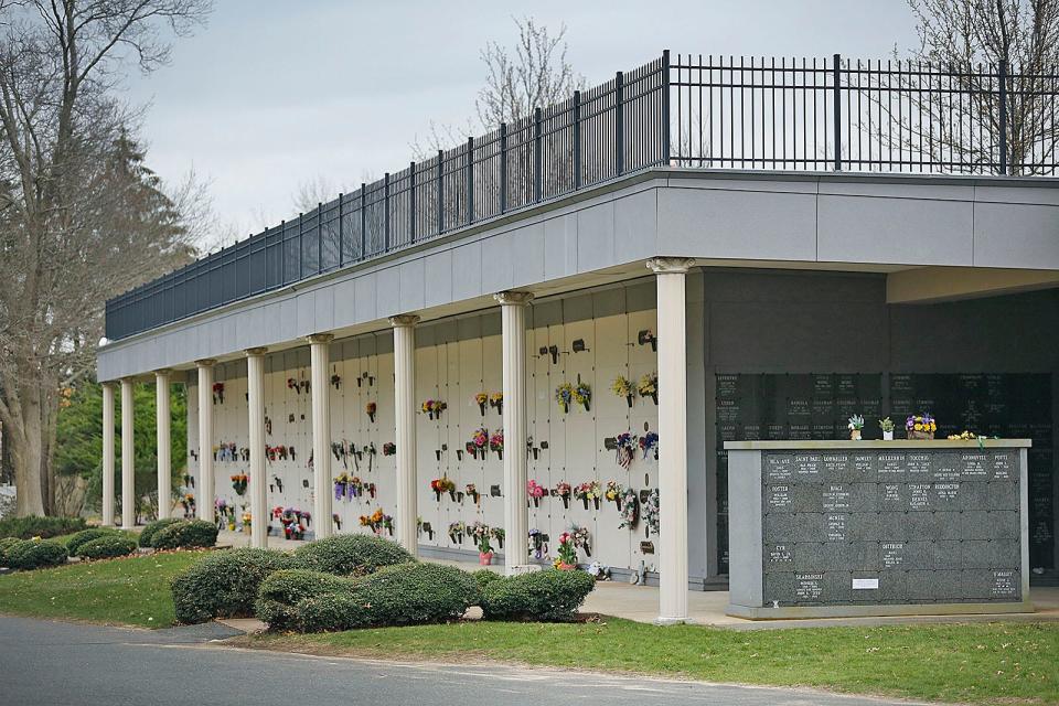 Blue Hill Cemetery in Braintree has large mausoleums to make better use of the space. Tuesday, April 12, 2022.