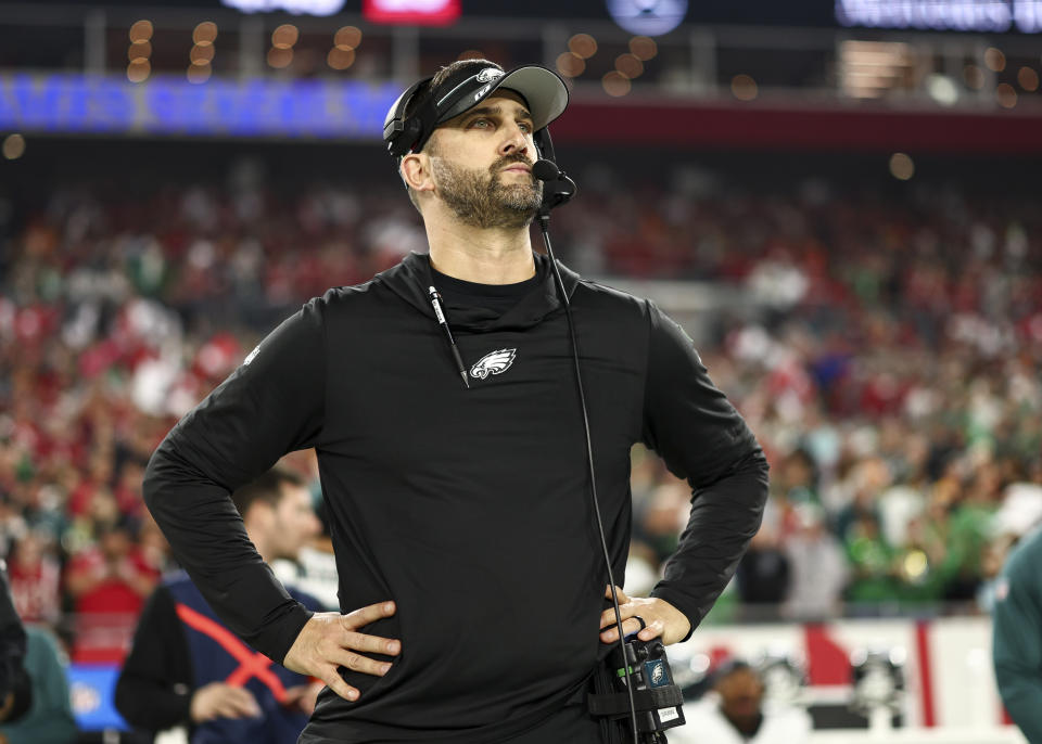 TAMPA, FL - JANUARY 15: Head coach Nick Sirianni of the Philadelphia Eagles stands on the sidelines prior to an NFL wild-card playoff football game against the Tampa Bay Buccaneers at Raymond James Stadium on January 15, 2024 in Tampa, Florida. (Photo by Kevin Sabitus/Getty Images)