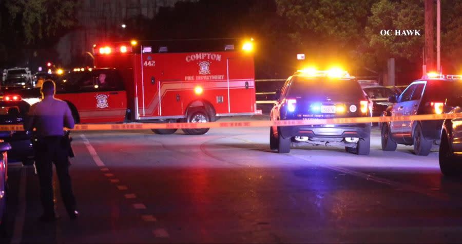 A large law enforcement presence surrounded a Compton home after a shooting left one person dead and four others hospitalized on June 7, 2024. (OC Hawk)