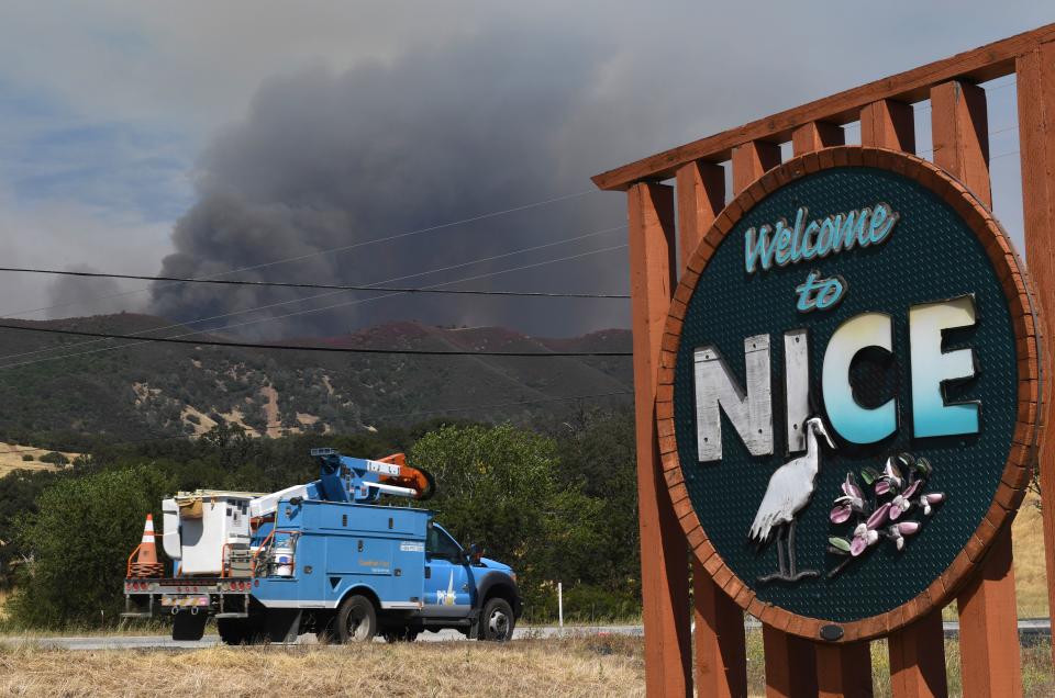 Wind swept flames from the Ranch fire threaten the town of Nice near Upper Lake, California, on August 3, 2018.