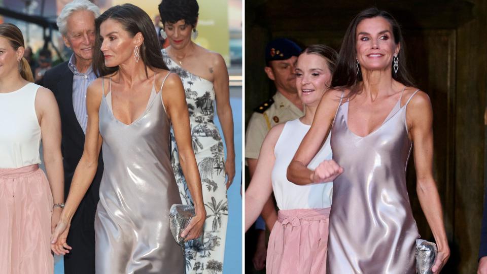  Composite of two pictures of Queen Letizia of Spain wearing a silver slip dress with matching silver accessories at the Atlantida Mallorca Film Fest. 