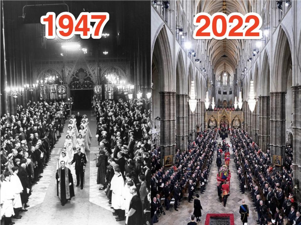 westminster abbey during queen elizabeth and prince philip's wedding in 1947 and during her funeral in 2022