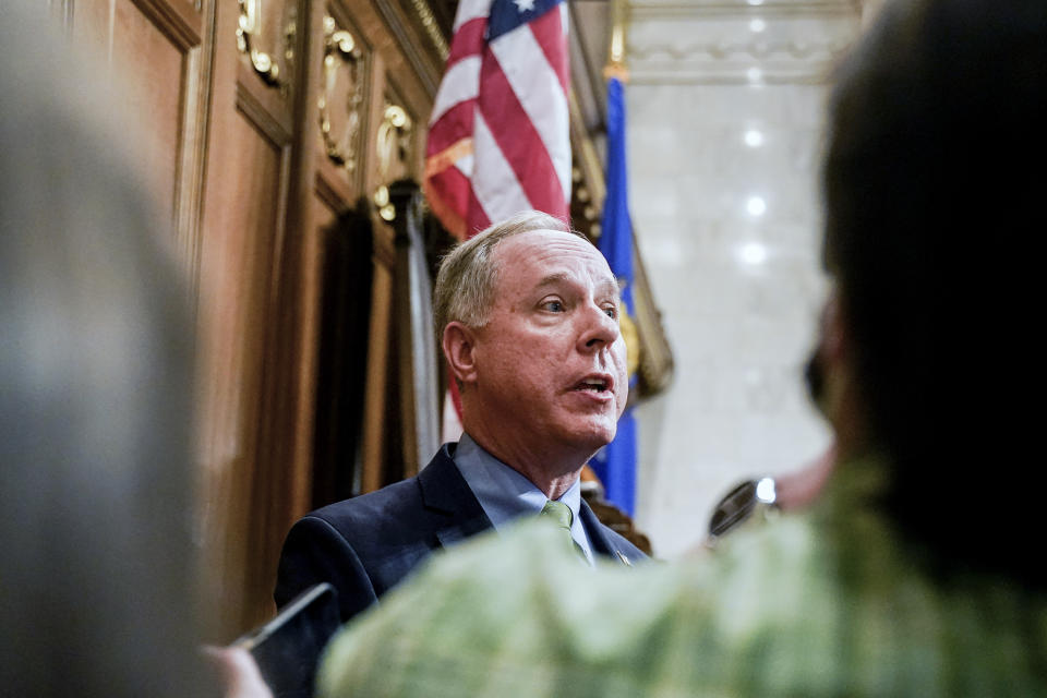 FILE - Wisconsin Assembly Speaker Robin Vos talks to the media after Gov. Tony Evers addressed a joint session of the Legislature in the Assembly chambers during the Governor's State of the State speech at the state Capitol, Feb. 15, 2022, in Madison, Wis. More Republican state lawmakers are losing their primaries this year than in any other election over the past decade, dispatched by far-right challengers who say the incumbents are not conservative enough. Next up is Wisconsin, where both Republican legislative leaders are among several incumbents facing primary challenges. (AP Photo/Andy Manis, File)