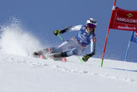 Norway's Thea Louise Stjernesund competes during the first run of an alpine ski, women's World Cup giant slalom race, in Saalbach, Austria, Sunday, March 17, 2024. (AP Photo/Marco Trovati)