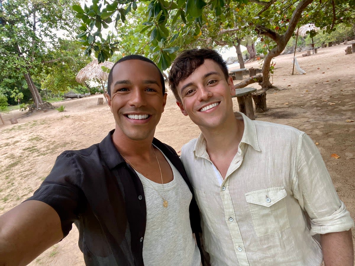 Gunning and Tom Daley on the secluded beach they filmed on for Daley’s 2022 documentary (@MichaelGunning1)