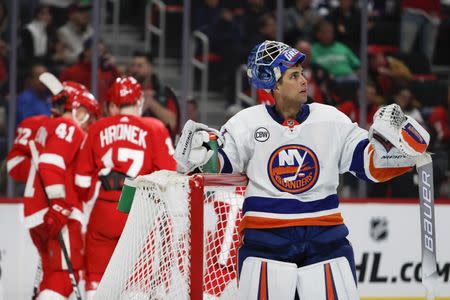 Mar 16, 2019; Detroit, MI, USA; New York Islanders goaltender Thomas Greiss (1) reacts after a goal by Detroit Red Wings center Andreas Athanasiou (not pictured) during the second period at Little Caesars Arena. Mandatory Credit: Raj Mehta-USA TODAY Sports