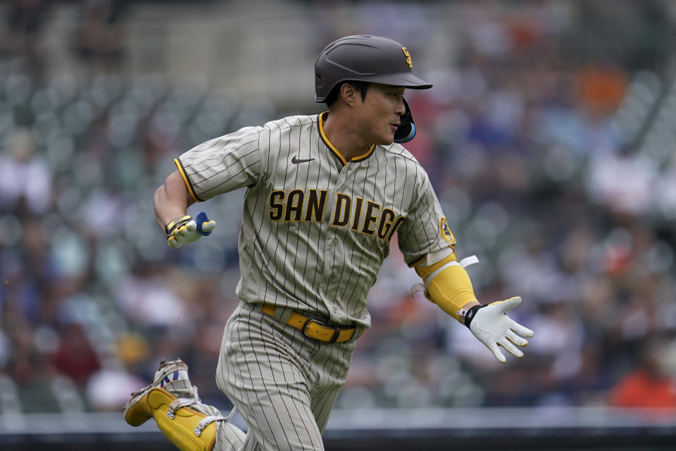 San Diego Padres' Ha-Seong Kim reacts to hitting a one-run single against the Detroit Tigers in the fourth inning of a baseball game in Detroit, Wednesday, July 27, 2022. (AP Photo/Paul Sancya)