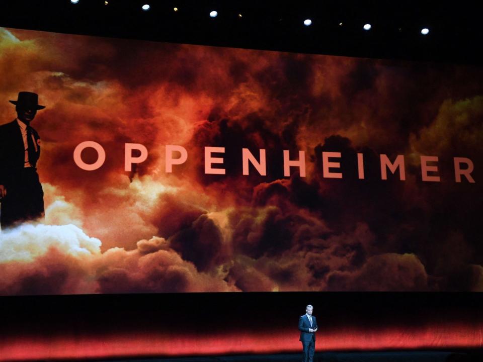 Christopher Nolan speaks on stage about his movie "Oppenheimer" during Universal Pictures and Focus Features presentation