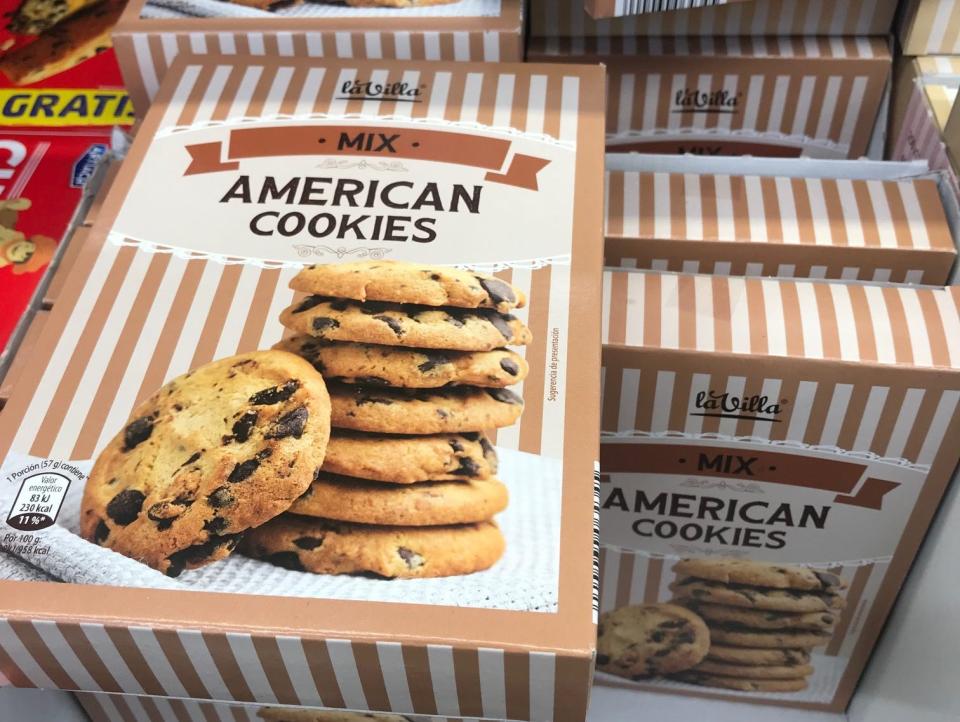 brown and white striped boxes of American cookies at Spanish supermarket