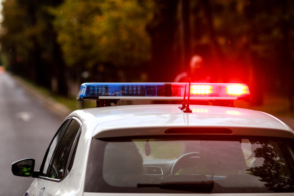 A police car is pictured with lights and sirens.