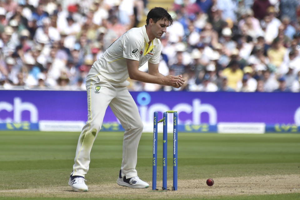 Australia's Pat Cummins fields during day four of the first Ashes Test cricket match, at Edgbaston, Birmingham, England, Monday, June 19 2023. (AP Photo/Rui Vieira)