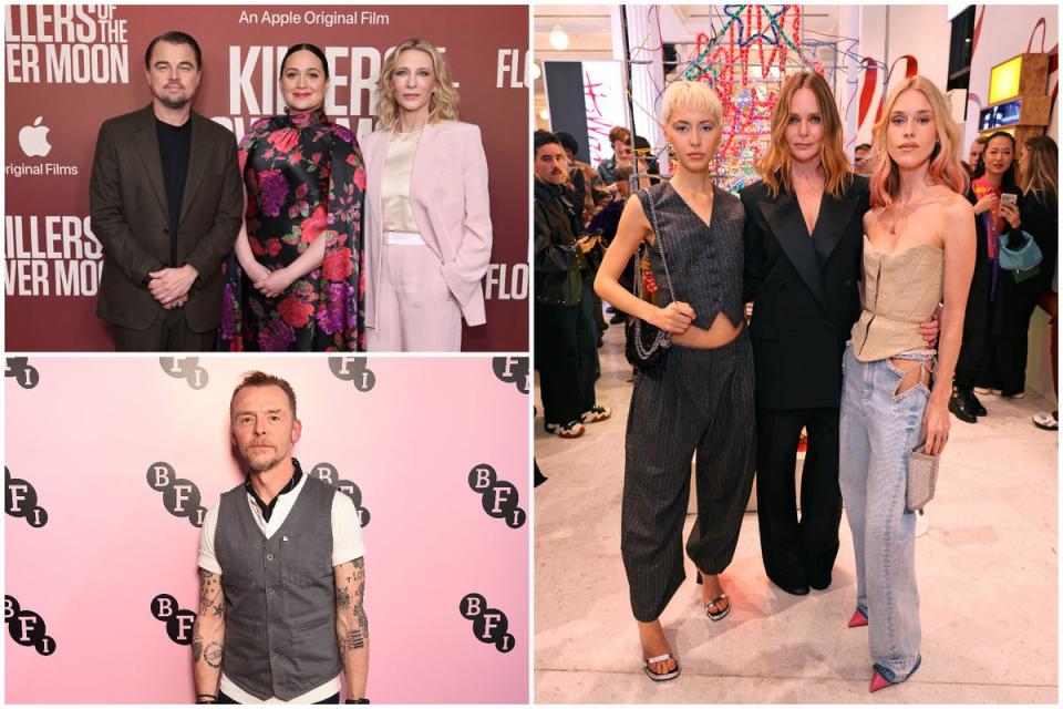 Clockwise from top left: Leonardo DiCaprio, Lily Gladstone and Cate Blanchett; Iris Law, Stella McCartney and Mary Charteris; Simon Pegg (Dave Benett / Eamonn McCormack, Getty Images)