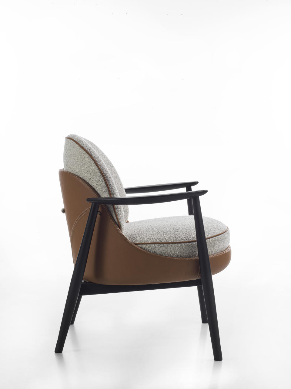 Milan Design Week Porada Ginkgo accent chair in wood, leather and grey seat