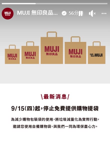 無印良品宣布9/15起停止免費提供購物提袋。（圖／翻攝自MUJI 無印良品生活研究所臉書）