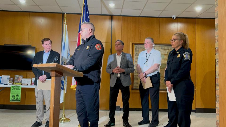 Clinton Township Fire Chief Tim Duncan speaks at a news conference March 5, 2024, at the Clinton Township offices about a fire and explosions at a building at 15 Mile and Groesbeck on March 4, 2024.